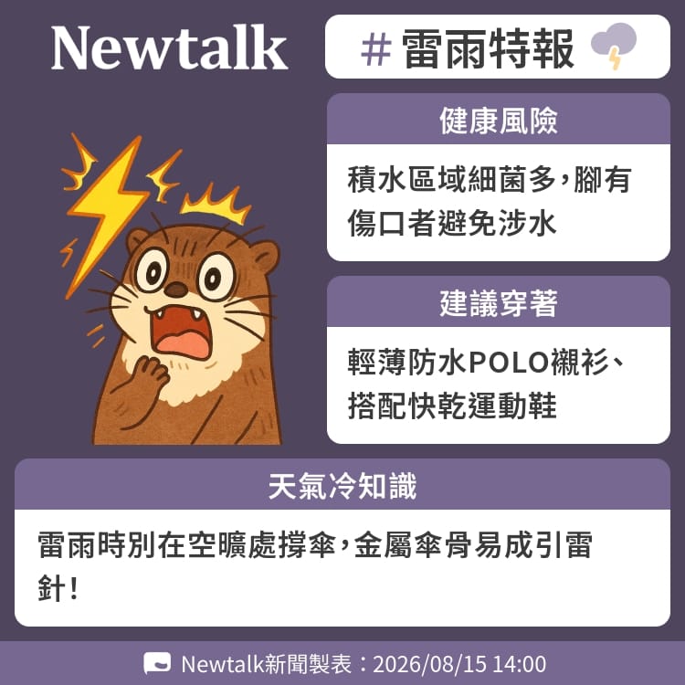 雷雨時別在空曠處撐傘，金屬傘骨易成引雷針！ 圖：Newtalk製表&nbsp;&nbsp;&nbsp;