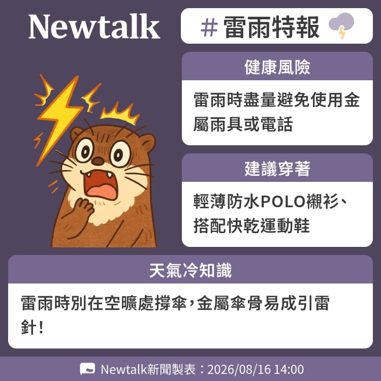 雷雨時別在空曠處撐傘，金屬傘骨易成引雷針！ 圖：Newtalk製表&nbsp;&nbsp;&nbsp;