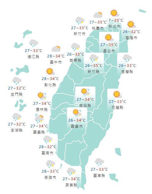 氣象署公布各地天氣預報概況。&nbsp;&nbsp;&nbsp;圖：氣象署提供