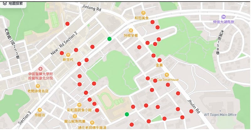 台灣基進吳欣岱指出，AIT周邊方圓一公里，41個官方防空避難場所，僅2個（綠色點）可用，分別是台北市內湖區成功路四段157-163號、台北市內湖區星雲街121號（清白里）。&nbsp;&nbsp;&nbsp;圖：吳欣岱辦公室 提供