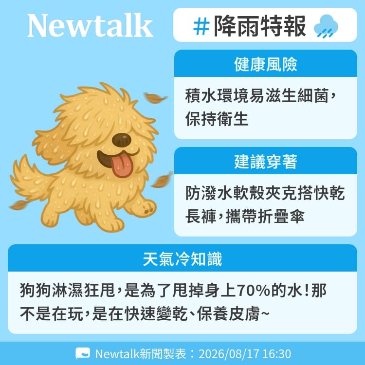 狗狗淋濕狂甩，是為了甩掉身上70%的水！那不是在玩，是在快速變乾、保養皮膚~ 圖：Newtalk製表&nbsp;&nbsp;&nbsp;