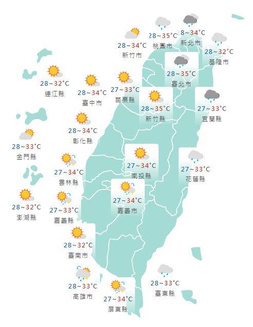 氣象署公布各地天氣預報概況。&nbsp;&nbsp;&nbsp;圖：氣象署提供