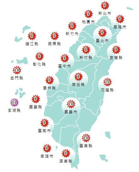 氣象署發布各地紫外線指數預報概況。&nbsp;&nbsp;&nbsp;圖：氣象署提供