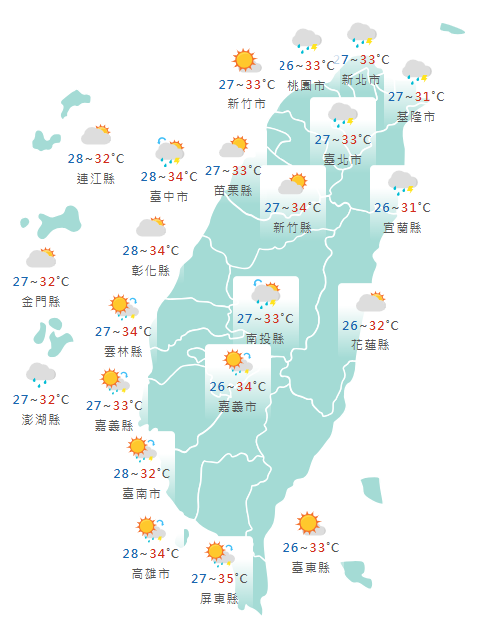 氣象署公布各地天氣預報概況。&nbsp;&nbsp;&nbsp;圖：氣象署提供