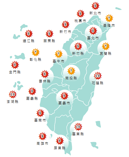 氣象署發布各地紫外線指數預報概況。&nbsp;&nbsp;&nbsp;圖：氣象署提供
