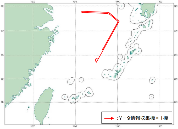 日本防衛省公布，19日1架中國運-9情報收集機經東海飛至長崎縣男女群島南方後，向西南飛行，在沖繩本島反轉。&nbsp;&nbsp;&nbsp;圖：翻攝「X」@jointstaffpa