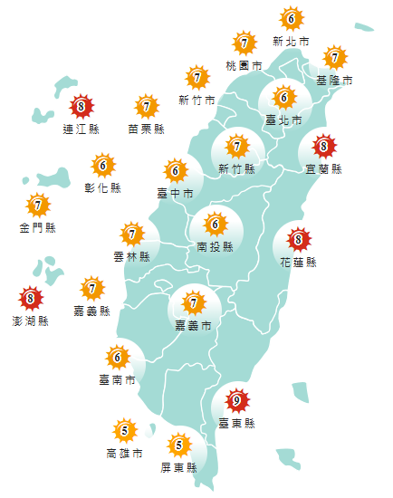 氣象署發布各地紫外線指數預報概況。&nbsp;&nbsp;&nbsp;圖：氣象署提供