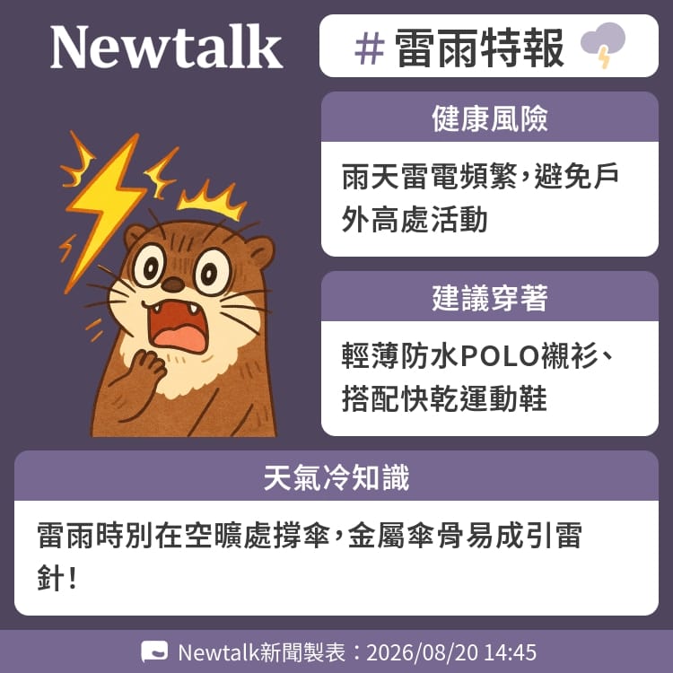 雷雨時別在空曠處撐傘，金屬傘骨易成引雷針！ 圖：Newtalk製表&nbsp;&nbsp;&nbsp;