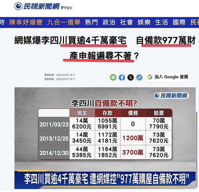 林楚茵強調，李四川的4677萬豪宅977萬自備款的說法一變再變，最近財產申報又被發現連續兩期內容完全一樣，自己也承認申報有疏失。&nbsp;&nbsp;&nbsp;圖：擷自林楚茵臉書粉專