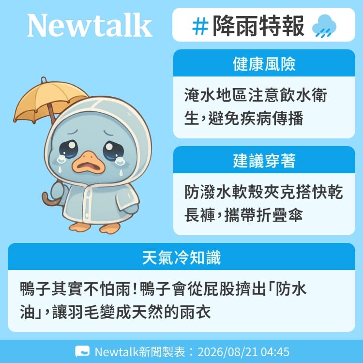 鴨子其實不怕雨！鴨子會從屁股擠出「防水油」，讓羽毛變成天然的雨衣 圖：Newtalk製表&nbsp;&nbsp;&nbsp;