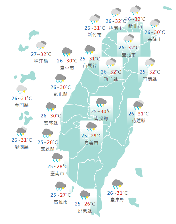 氣象署公布各地天氣預報概況。&nbsp;&nbsp;&nbsp;圖：氣象署提供