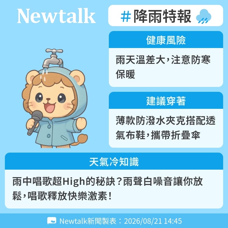 雨中唱歌超High的秘訣？雨聲白噪音讓你放鬆，唱歌釋放快樂激素！ 圖：Newtalk製表&nbsp;&nbsp;&nbsp;