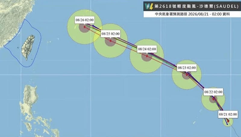 沙德爾颱風目前位於關島附近海面，預測路徑顯示其正以穩定的速度朝北北西轉西北西方向移動，並逐漸向西北方推進，預計將在周三凌晨前後最接近琉球群島海域。&nbsp;&nbsp;&nbsp;圖：翻攝自天氣風險公司臉書