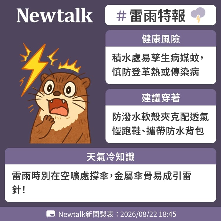 雷雨時別在空曠處撐傘，金屬傘骨易成引雷針！ 圖：Newtalk製表&nbsp;&nbsp;&nbsp;