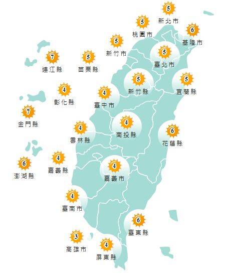 氣象署發布各地紫外線指數預報概況。&nbsp;&nbsp;&nbsp;圖：氣象署提供