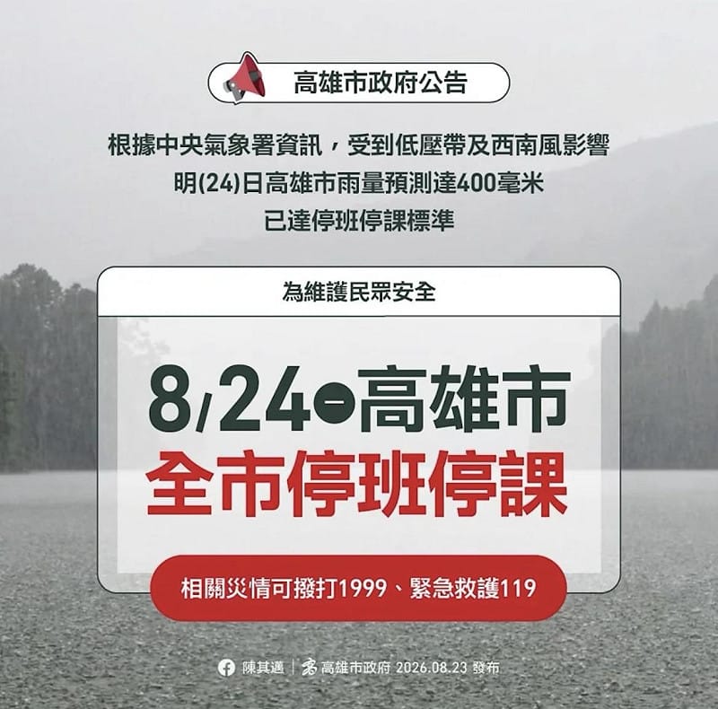 高雄市政府發布官方公告，因應低壓帶及西南風影響，預估今日雨量達400毫米停班課標準，宣布全市停班停課以維護市民安全。&nbsp;&nbsp;&nbsp;圖：高雄市政府／提供