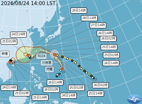 「沙德爾」颱風將出現罕見的西南大轉折路徑朝台灣北部海面逼近，而菲律賓東方海面的熱帶低壓已於今日正式增強為颱風「閃電」，與海面上的「沙德爾」、「紫檀」並存。&nbsp;&nbsp;&nbsp;圖：翻攝自氣象署