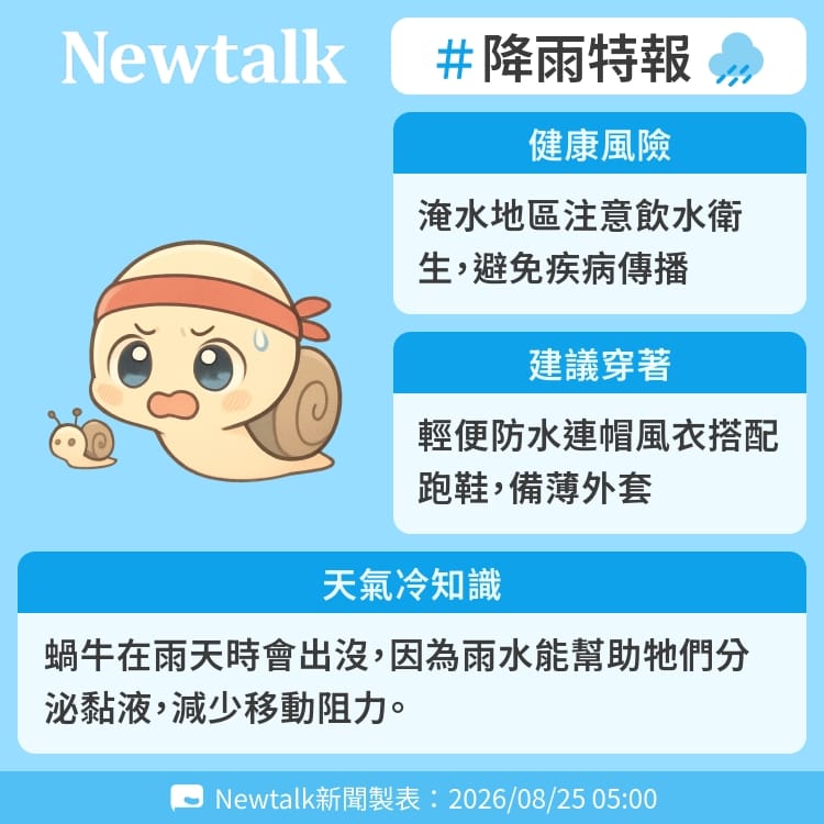蝸牛在雨天時會出沒，因為雨水能幫助牠們分泌黏液，減少移動阻力。 圖：Newtalk製表&nbsp;&nbsp;&nbsp;
