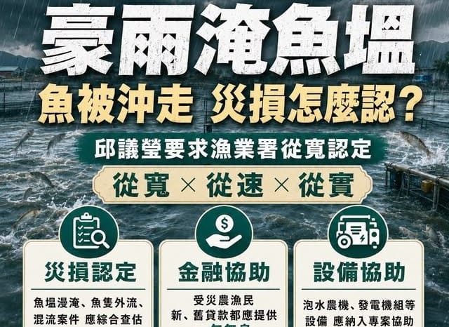 邱議瑩要求農業部、漁業署針對此次豪雨造成的養殖漁業災損，應採取「從寬、從速、從實」原則。&nbsp;&nbsp;&nbsp;圖：邱議瑩辦公室/提供