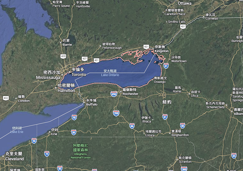 安大略湖（Lake Ontario）。&nbsp;&nbsp;&nbsp;圖:翻攝自Google地圖