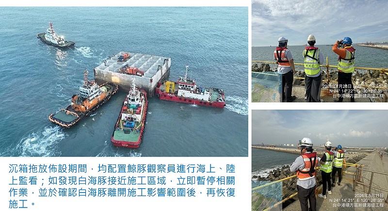 台中港務公司表示，將持續辦理相關的維護措施，包含海域水質監測以維護海洋環境。港務公司重視臺灣白海豚保育，沉箱拖放及佈設期間均配置鯨豚觀察員，進行海上及陸上監看；如發現白海豚接近施工區域，即暫停相關作業，確認白海豚離開後始恢復施工。&nbsp;&nbsp;&nbsp;圖：台灣港務公司／提供