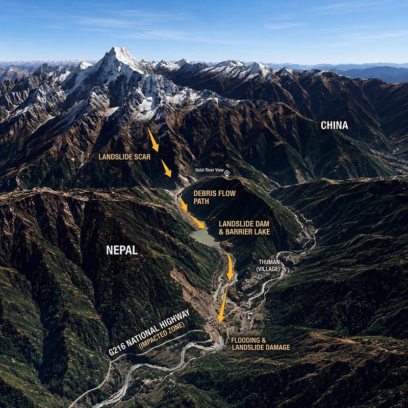土石流發生主因疑似為喜馬拉雅山脈的冰川崩塌,大量土石堵塞河道導致壩體潰堤,洪水向下游狂瀉。 圖:翻攝自 X @WeatherMonitors 土石流發生主因疑似為喜馬拉雅山脈的冰川崩塌,大量土石堵塞河道導致壩體潰堤,洪水向下游狂瀉。 圖:翻攝自 X @WeatherMonitors