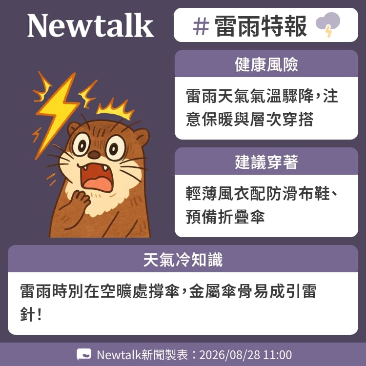 雷雨時別在空曠處撐傘，金屬傘骨易成引雷針！ 圖：Newtalk製表&nbsp;&nbsp;&nbsp;