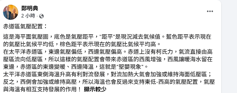 鄭明典分析，在太平洋赤道區，東邊氣壓偏低，西邊氣壓偏高。&nbsp;&nbsp;&nbsp;圖：取自鄭明典臉書
