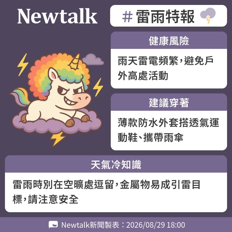雷雨時別在空曠處逗留，金屬物易成引雷目標，請注意安全 圖：Newtalk製表&nbsp;&nbsp;&nbsp;
