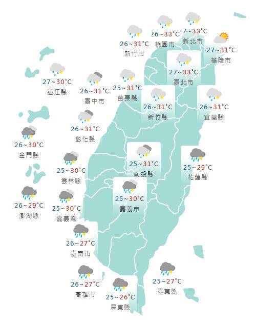 氣象署公布各地天氣預報概況。&nbsp;&nbsp;&nbsp;圖：氣象署提供