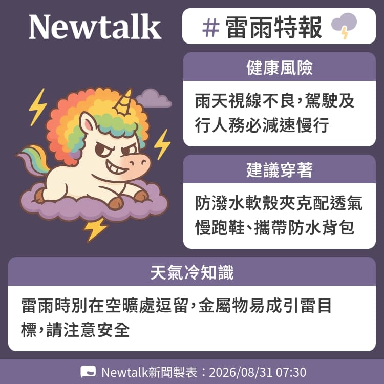 雷雨時別在空曠處逗留，金屬物易成引雷目標，請注意安全 圖：Newtalk製表&nbsp;&nbsp;&nbsp;