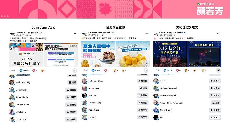 顏若芳指出，網軍灌水絕非單一個案，包含「Jam Jam Asia」、「台北冰品宣傳」及「大稻埕情人節煙火」等多篇8月份貼文，皆遭異常帳號大軍洗版。&nbsp;&nbsp;&nbsp;圖：顏若芳辦公室提供