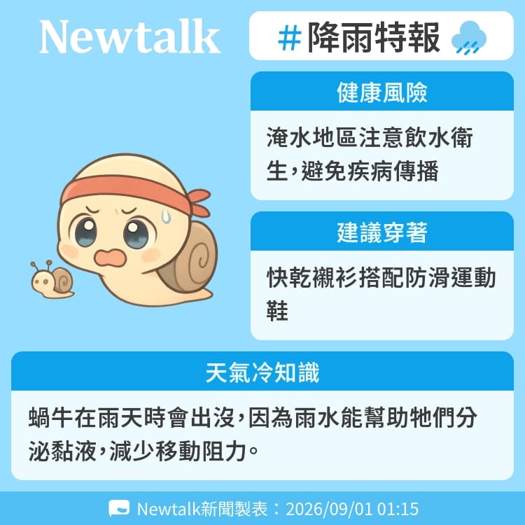 蝸牛在雨天時會出沒，因為雨水能幫助牠們分泌黏液，減少移動阻力。 圖：Newtalk製表&nbsp;&nbsp;&nbsp;