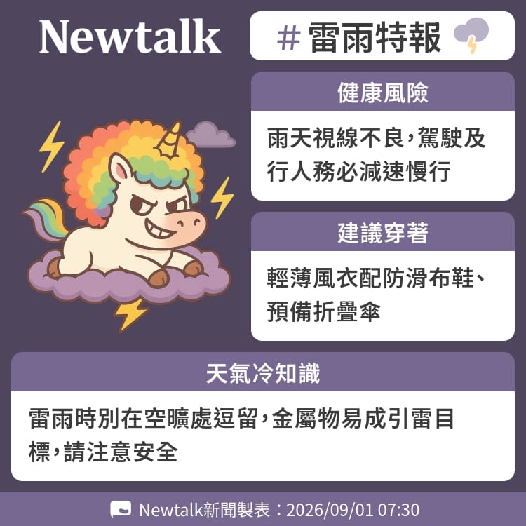 雷雨時別在空曠處逗留，金屬物易成引雷目標，請注意安全 圖：Newtalk製表&nbsp;&nbsp;&nbsp;
