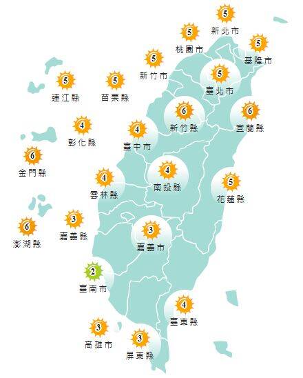 氣象署發布各地紫外線指數預報概況。&nbsp;&nbsp;&nbsp;圖：氣象署提供