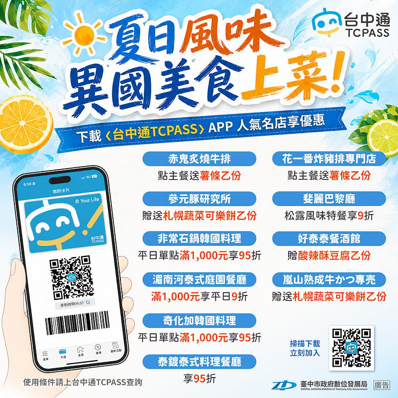 夏日風味 異國美食上菜！下載《台中通TCPASS》享優惠。&nbsp;&nbsp;&nbsp;圖：台中市政府/提供