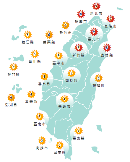 氣象署發布各地紫外線指數預報概況。&nbsp;&nbsp;&nbsp;圖：氣象署提供
