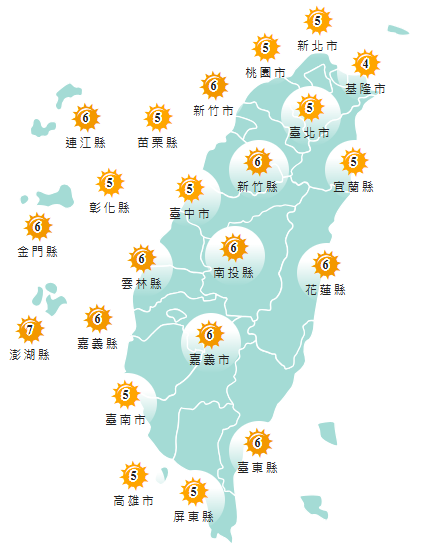 氣象署發布各地紫外線指數預報概況。&nbsp;&nbsp;&nbsp;圖：氣象署提供