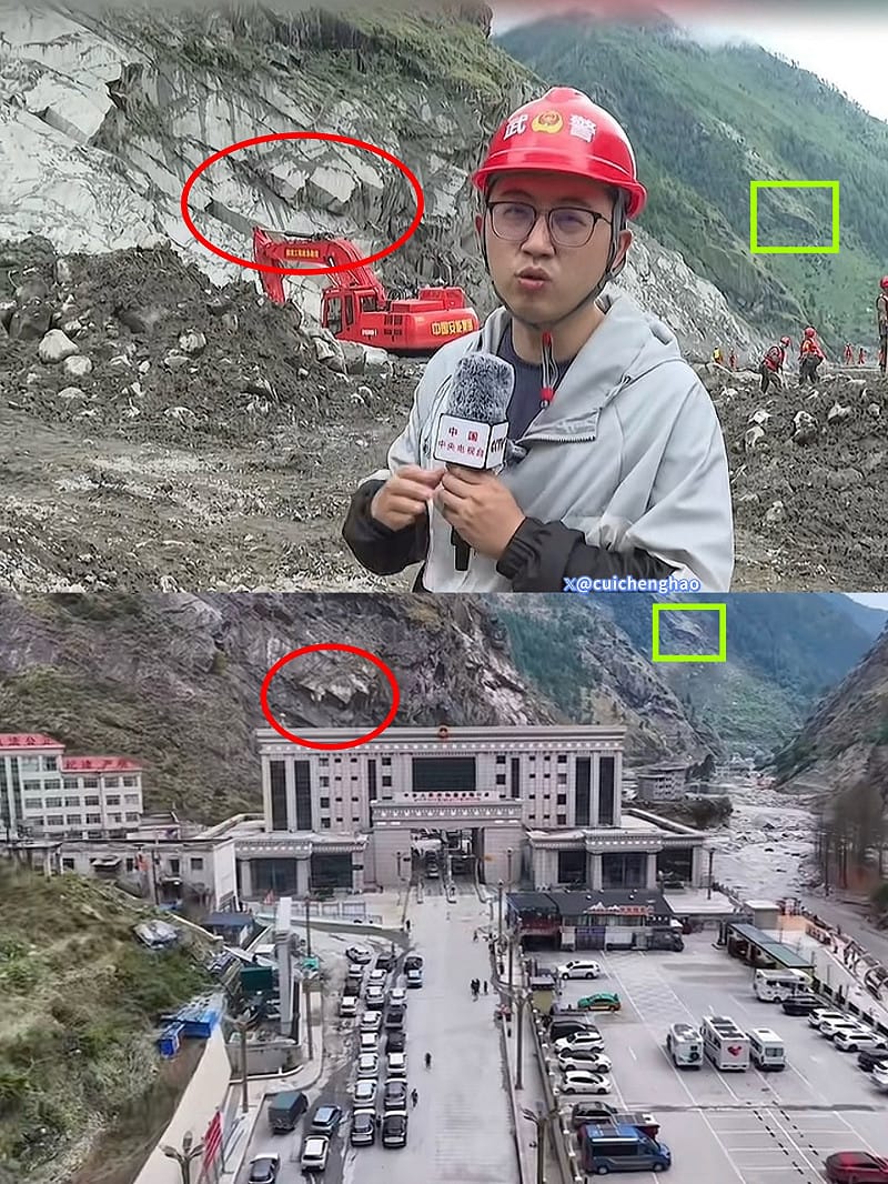 9 月 2 日上午，重型挖土機終於抵達吉隆口岸大樓附近位置，但從現場畫面及地形示意來看，大量土石流及土石已將原有建築物大幅掩埋。&nbsp;&nbsp;&nbsp;圖:翻攝自X帳號@cuichenghao