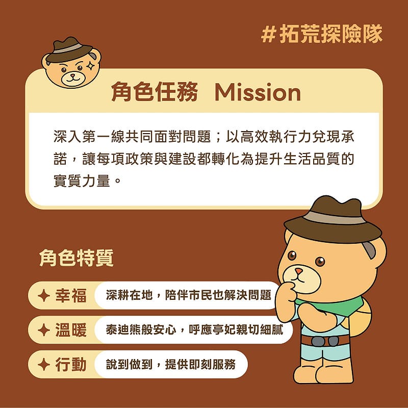 戴著探險帽、背著小背包的妃熊隊長，以「妃熊特攻隊，帶給你妃熊幸福！」為精神口號，將陳亭妃長期深耕台南、親切溫暖、說到做到的形象，化身成一隻療癒又充滿行動力的妃熊，象徵未來要用「幸福、溫暖、行動」守護台南，陪伴市民一起面對城市大小事。&nbsp;&nbsp;&nbsp;圖：陳亭妃服務處提供