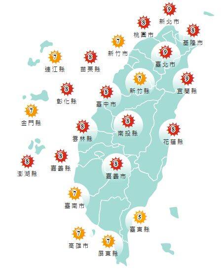 氣象署發布各地紫外線指數預報概況。&nbsp;&nbsp;&nbsp;圖：氣象署提供
