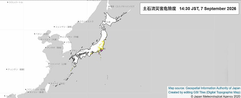 日本氣象廳7日凌晨，對東京都伊豆諸島新島村發布防災氣象資訊最高等級的「第5級土砂災害特別警報」（紫色區域）。&nbsp;&nbsp;&nbsp;圖：截取自jma.go.jp