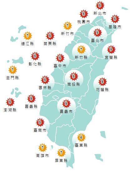 氣象署發布各地紫外線指數預報概況。&nbsp;&nbsp;&nbsp;圖：氣象署提供