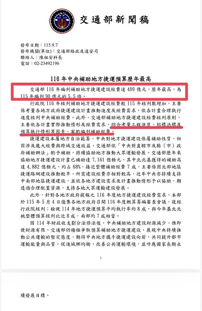 根據交通部的新聞稿顯示，116年編列補助地方捷運建設經費達499億元，不但是歷年最高，還是115年編列90億元的5.5倍。&nbsp;&nbsp;&nbsp;圖：蘇巧慧競總提供