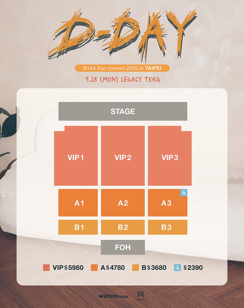 《2026 B1A4 Fan concert D DAY in TAIPEI》票價及座位圖。&nbsp;&nbsp;&nbsp;圖：網銀國際影視／提供