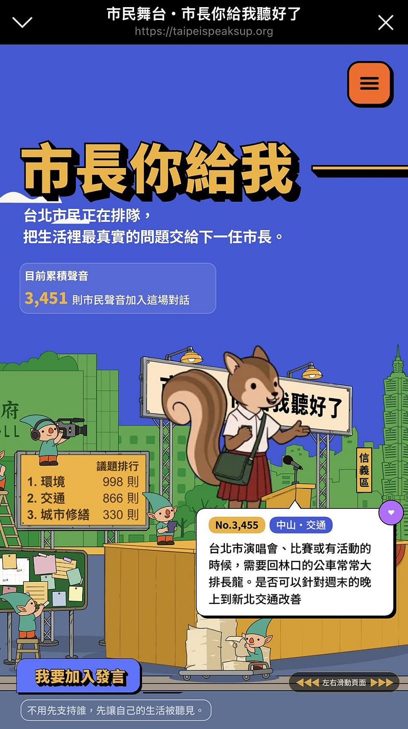 民眾化身為動物上台發言。&nbsp;&nbsp;&nbsp;圖：翻攝自「市長你給我聽好了」LINE好友頁面