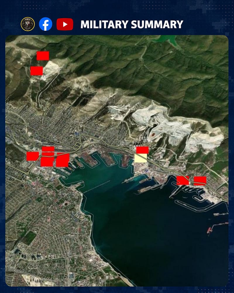  美國 NASA FIRMS 熱輻射衛星系統發布地圖顯示，新羅西斯克港口多地在襲擊後引發數起火災與爆炸。 圖:翻攝自 X @MilitarySummary 