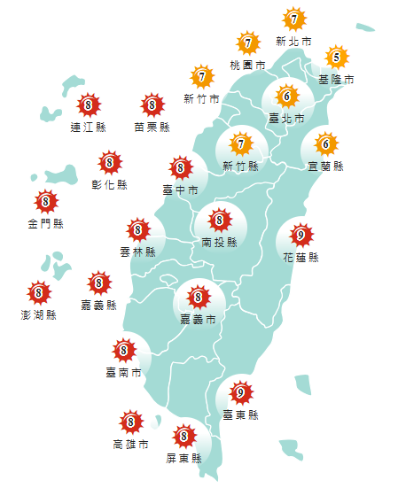 氣象署發布各地紫外線指數預報概況。&nbsp;&nbsp;&nbsp;圖：氣象署提供