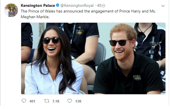 英國肯辛頓宮今(27)日在推特宣布，哈利王子和馬克爾本月初已經在英國倫敦訂婚。   圖：取自英國肯辛頓宮推特（https://twitter.com/KensingtonRoyal）