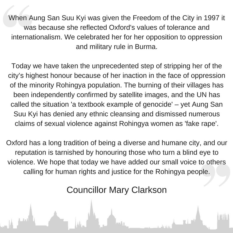 英國牛津市議會做出決議，褫奪在1997年授予人翁山蘇姬的「牛津市榮譽市民」頭銜。   圖：翻攝牛津市議會推特